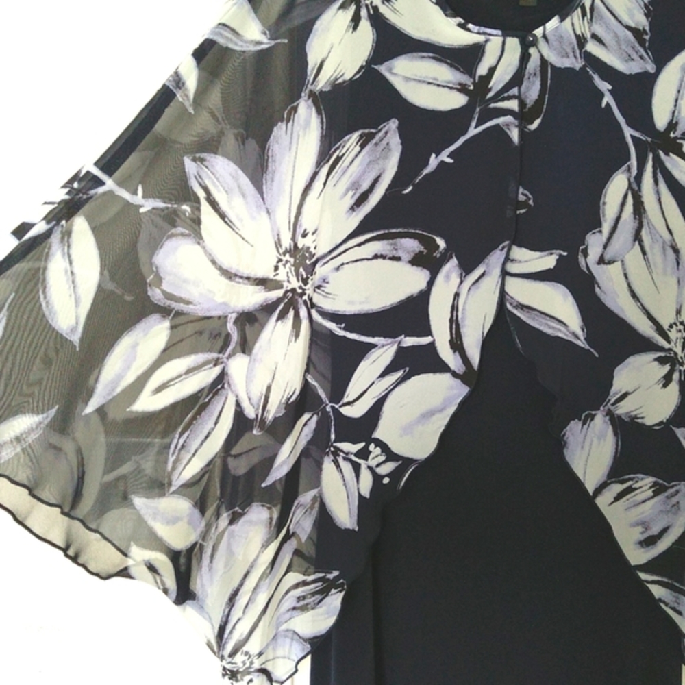 Connected apparel - women's navy blue & white floral chiffon cape dress Size 10 - Picture 5 of 11
